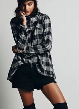Free People Plaid Cowl Neck Black White Check top Small